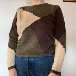 Vintage Dressbarn Patchwork Sweater – Green/Brown/Cream